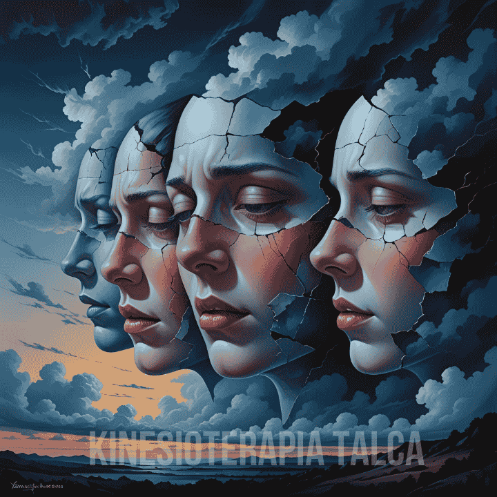 Rostros femeninos en distintas fases del duelo emocional, representados con grietas simbólicas y nubes oscuras. Imagen metafórica sobre el dolor emocional y su transformación.